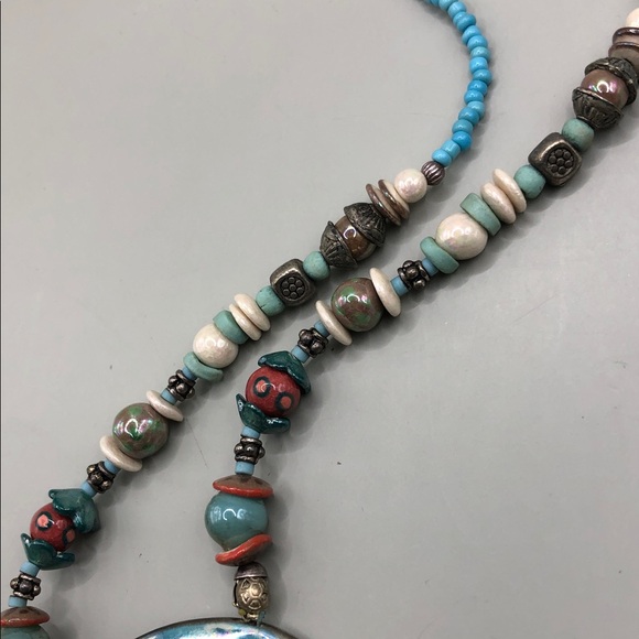 Vintage artisan handmade ceramic heart beaded necklace romantic whimsy boho. - Picture 4 of 8